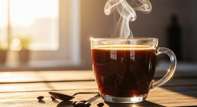 Steaming hot coffee mug by sunlit window