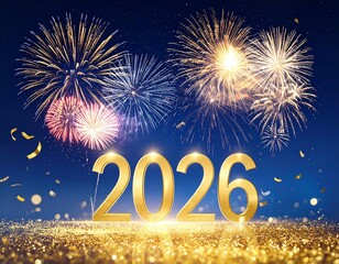 Elegant New Year 2026 background (AI-generated). Gold confetti and fireworks on midnight blue. Perfect for luxury invitations, posters, and seasonal greetings.