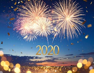 Elegant New Year 2026 background (AI-generated). Gold confetti and fireworks on midnight blue. Perfect for luxury invitations, posters, and seasonal greetings.