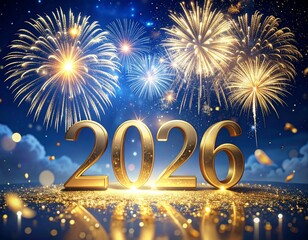 Elegant New Year 2026 background (AI-generated). Gold confetti and fireworks on midnight blue. Perfect for luxury invitations, posters, and seasonal greetings.