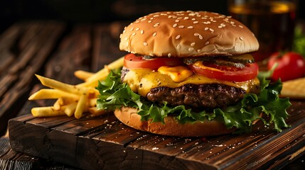 A close up of a cheeseburger with fries on a wooden board with a dark background and beer glass