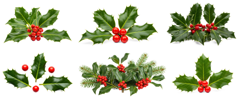 Collection of Christmas holly plant with red berries and green leaves on transparent background png - Powered by Adobe