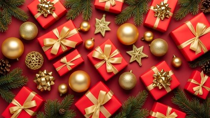 Christmas Scene with Red Gift Boxes, Golden Ornaments, and Pine Branches on Red Background