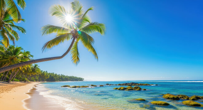Tropical beach with palm tree and clear ocean