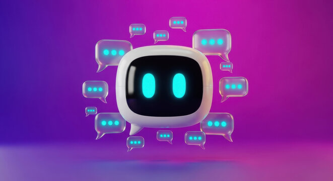 Friendly chatbot surrounded by glowing message bubbles - Powered by Adobe