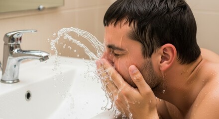 Refreshing splash as man washes his face