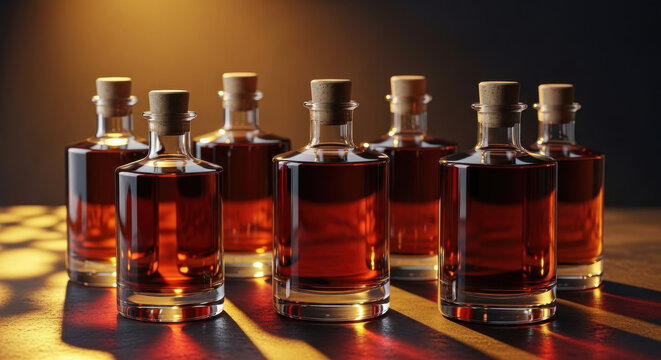 Amber liquid in glass bottles with cork stoppers.