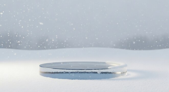 Empty circular podium on a snow covered ground with a soft winter background and falling snowflakes