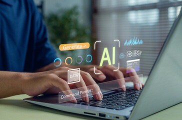 AI data generation concept with digital interface, command prompt, analytics tools, and laptop technology, illustrating modern artificial intelligence, automation, advanced data processing workflow.