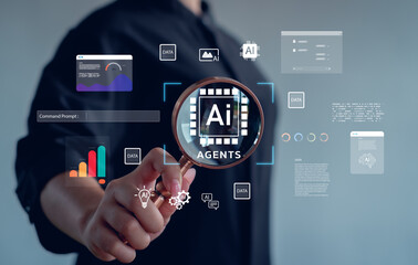 futuristic concept featuring professional analyzing AI agents through digital interface, highlighting data visualization, intelligent systems, machine learning tools, advanced AI-driven technology.