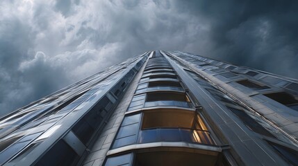 Low angle view of a modern glass skyscraper reaching into a dramatic stormy sky