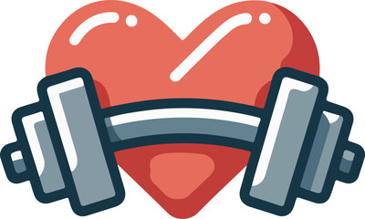 Red heart with barbell vector emblem representing health, fitness, and physical well-being.