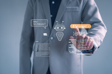 business person interacting with a virtual AI assistant interface, showing chatbot communication, digital technology, automation, machine learning, and futuristic innovation in modern workplaces.