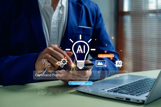 business professional using smartphone to activate artificial intelligence commands, representing digital innovation, automation, smart technology solutions, advanced AI-powered productivity tools.