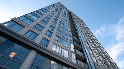 Fototapeta premium A majestic modern skyscraper with a sleek glass facade reaching high into a clear blue sky with wispy clouds