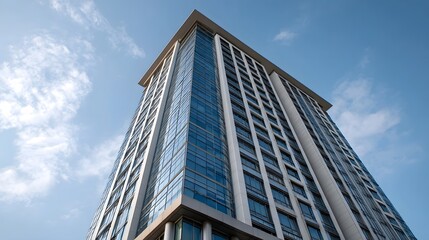 A modern glass facade skyscraper rises into a clear blue sky with scattered clouds viewed from a low angle