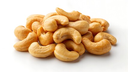 Fototapeta premium Golden Cashew Nuts Pile Close Up On White Background Studio Lighting