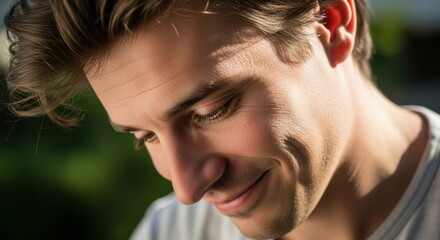 Handsome young man looking down with a gentle smile