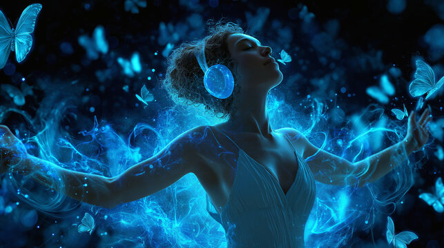 Female singer surrounded by holographic butterflies made of sound waves, concept of creative transformation