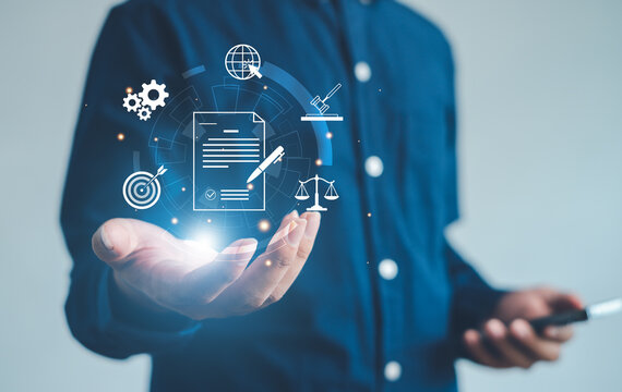 Digital legal document concept with icons of law, contract, justice, compliance, and business technology, illustrating modern online documentation and professional legal workflow solutions.