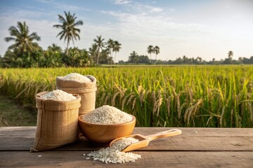 "Rustic Rice Display: Burlap Bags and Wooden Bowl in Lush Tropical Field"