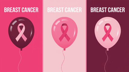 A collection of three vertical banners featuring pink ribbon balloons symbolizing hope and support during breast cancer awareness month