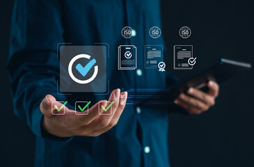 modern business concept showing quality assurance, ISO certification, and compliance management with digital checkmark icons, illustrating professional standards and efficient document verification.