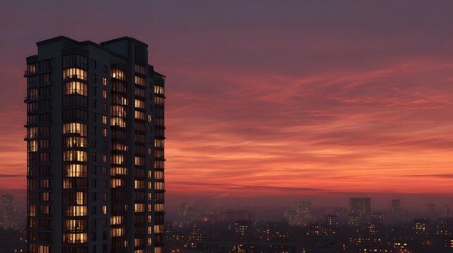 A modern high rise apartment building glowing with lights against a vibrant sunset sky over a distant cityscape