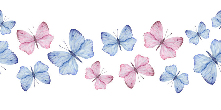 Seamless horizontal border with fluttering blue and pink butterflies. Watercolor illustration for fabric, gift wrapping, printing.