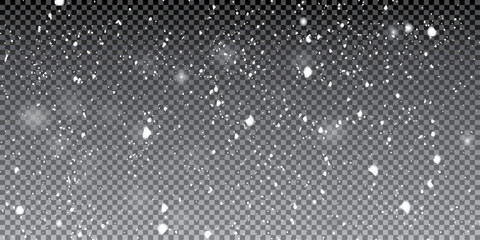 Falling snow particles blurred in motion on dark transparent background. Christmas snow dust. Vector illustration. 