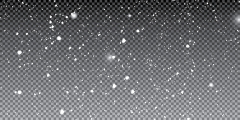 Snowflake design. Winter. Snowfall. Falling snow particles blurred in motion on dark transparent background. Christmas snow dust. Vector illustration. EPS 10.