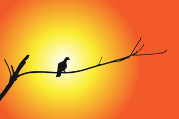 Bird silhouette resting on a branch against a warm sunset sky illustration, ideal for nature art, meditation visuals, posters, backgrounds, inspirational quotes, websites, and environmental awareness.
