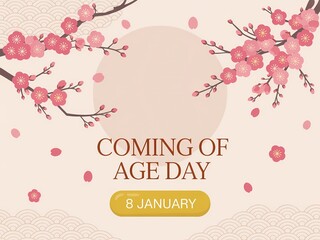 Beautiful cherry blossoms frame a coming of age day celebration with a golden button