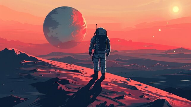 Astronaut silhouette on alien planet surface with large planets and sunlight
