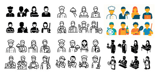 Diverse chefs and restaurant staff icons