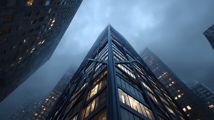 Towering urban skyscrapers at twilight shrouded in atmospheric fog with illuminated