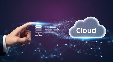 A finger touches a server icon, symbolizing data transfer to a cloud storage system, highlighting modern technology and network infrastructure solutions
