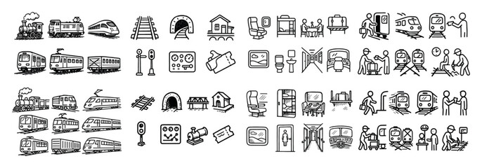 Train travel icons set: rail and transit