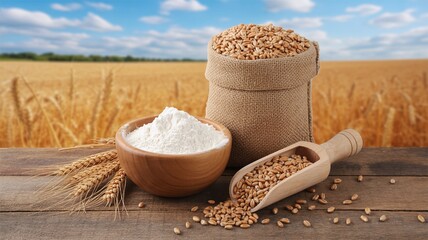 Harvested Wheat Display: Burlap Sack, Flour, and Seeds on Rustic Wooden Table