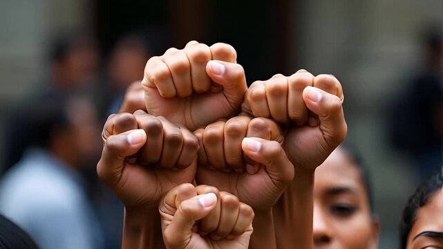 A powerful shot of many diverse people's raised fists representing unity and solidarity for social justice and human rights in a slow-motion video