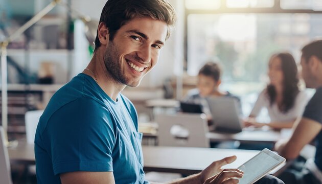 Happy Young Man Wearing Blue T Shirt Smiling While Using Tablet in Bright Modern Office