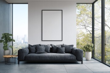 Fototapeta premium Modern living room with dark sofa and large windows overlooking city and trees.