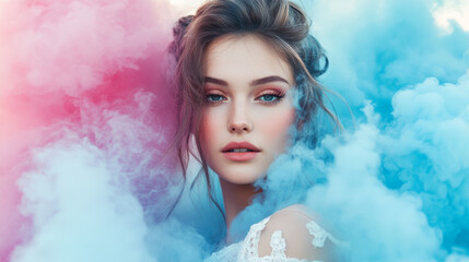 Ethereal Portrait in Lace – Elegant Woman with Blue Eyes Amidst Pink and Blue Smoke for Surreal Art and Dreamy Aesthetics