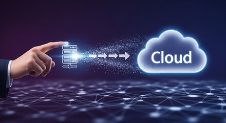 A hand points to a server with an arrow leading to a cloud, symbolizing cloud computing, data transfer, and network technology in a digital environment