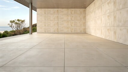 Fototapeta premium Modern Open Concept Living Space With Ocean View Neutral Tones And Concrete Walls