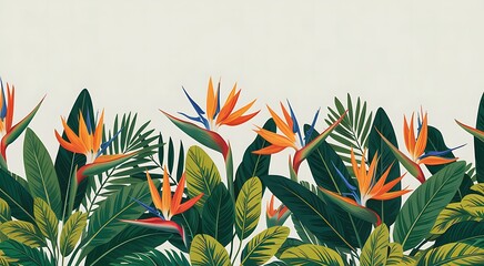 Vibrant tropical foliage and exotic strelitzia flowers creating a lush border against a pale background