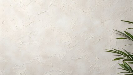 Textured Pale Beige Wall With Green Plant Leaves Corner Detail Natural Light