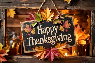 Rustic happy thanksgiving sign decorated with autumn leaves in front of a warm glowing fireplace