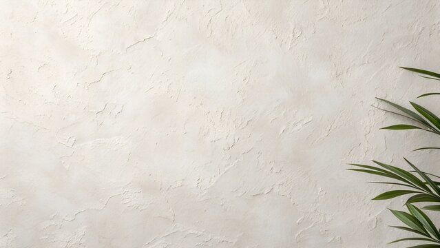 Textured Pale Beige Wall With Green Plant Leaves Corner Detail Natural Light