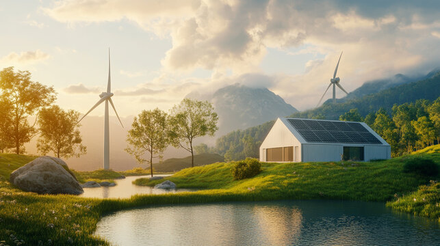 Sustainable Energy Complex – Solar Panels and Wind Turbines on Grassy Hill for Green Technology and Environmental Presentations